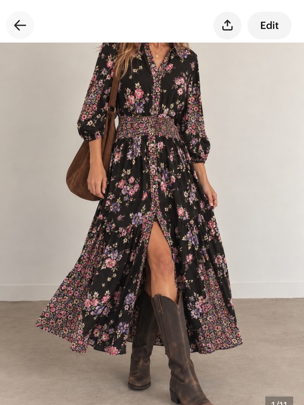 Free People Floral Maxi Dress Black Smocked Boho Button Front XS